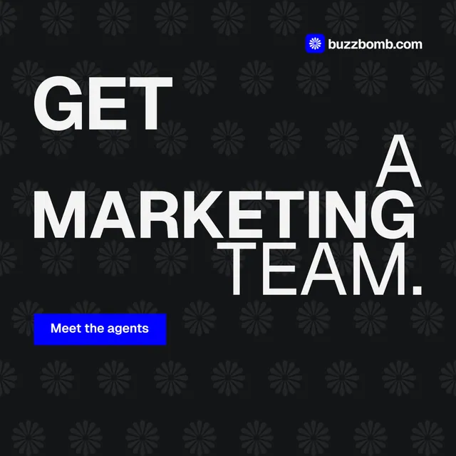 Instagram post for BuzzBomb: "Get a marketing team." Swiss style, stacked layout, dark palette in black, grey.