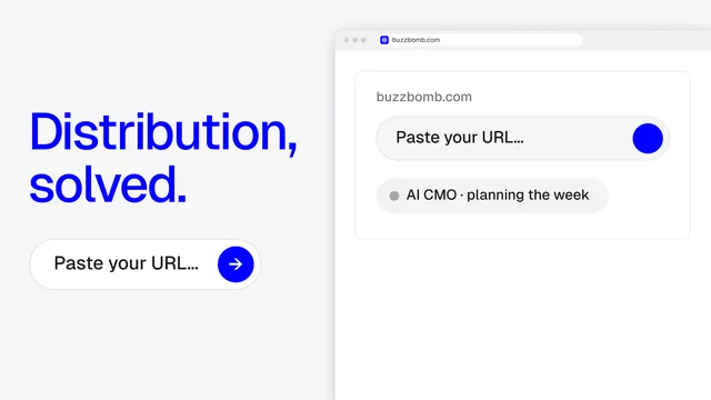 Landscape graphic for BuzzBomb: "Distribution, solved." Agentic glass style, browser layout, light palette in white, blue.