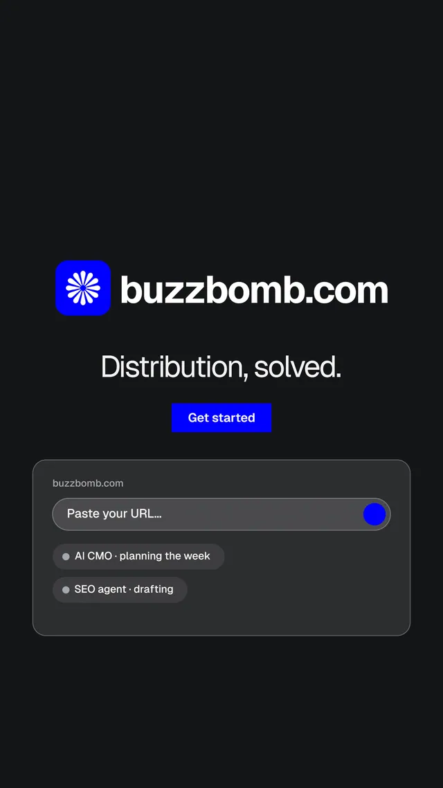 Instagram story for BuzzBomb: "Distribution, solved." Split block style, logo hero layout, dark palette in black, grey.