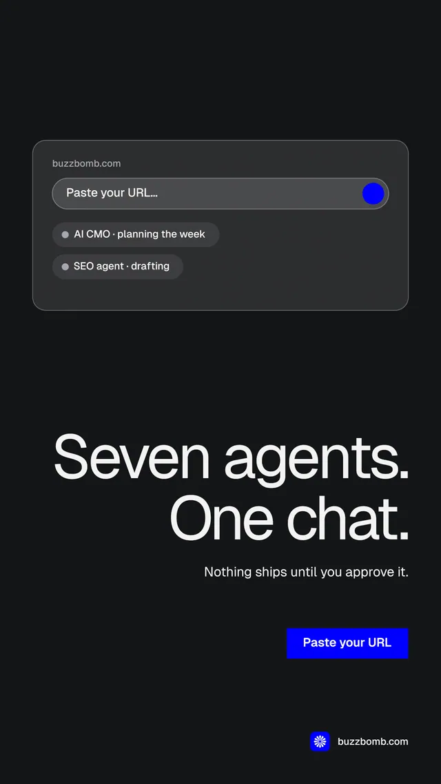 Instagram story for BuzzBomb: "Seven agents. One chat." Split block style, right layout, dark palette in black, grey.