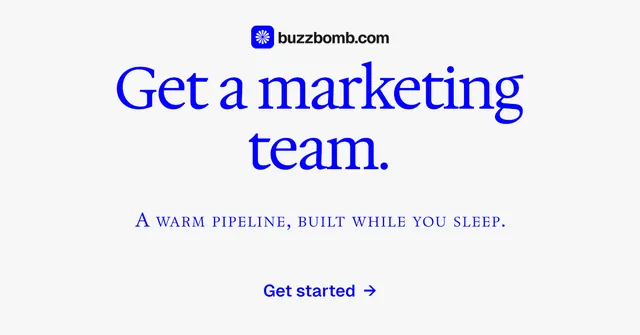 Social ad for BuzzBomb: "Get a marketing team." Agentic glass style, smallcaps layout, light palette in white, blue.