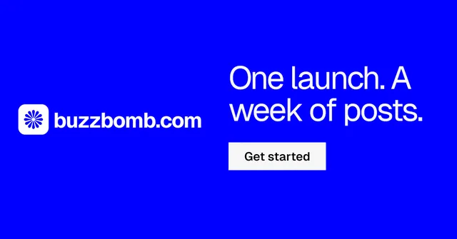 Social ad for BuzzBomb: "One launch. A week of posts." Split block style, logo hero layout, dark palette in blue.