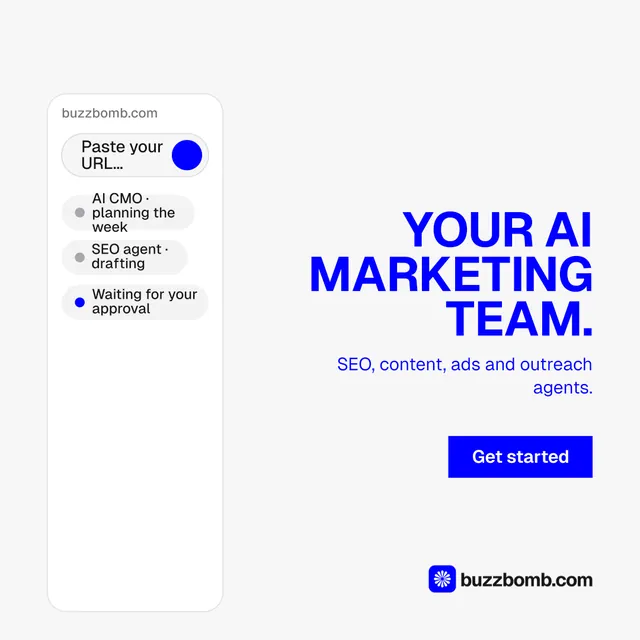 Instagram post for BuzzBomb: "Your AI marketing team." Swiss style, right layout, light palette in white, blue.