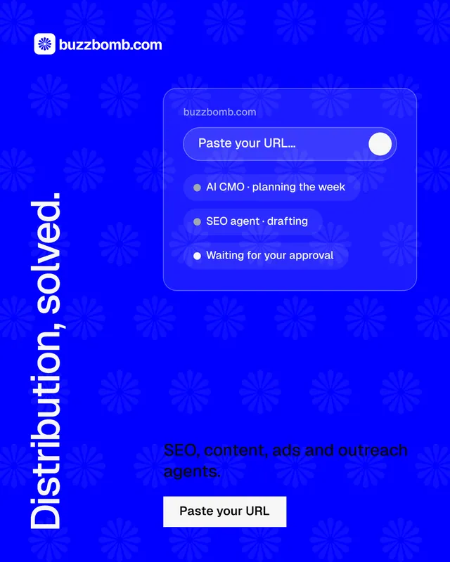 Instagram portrait post for BuzzBomb: "Distribution, solved." Swiss style, vertical layout, dark palette in blue.