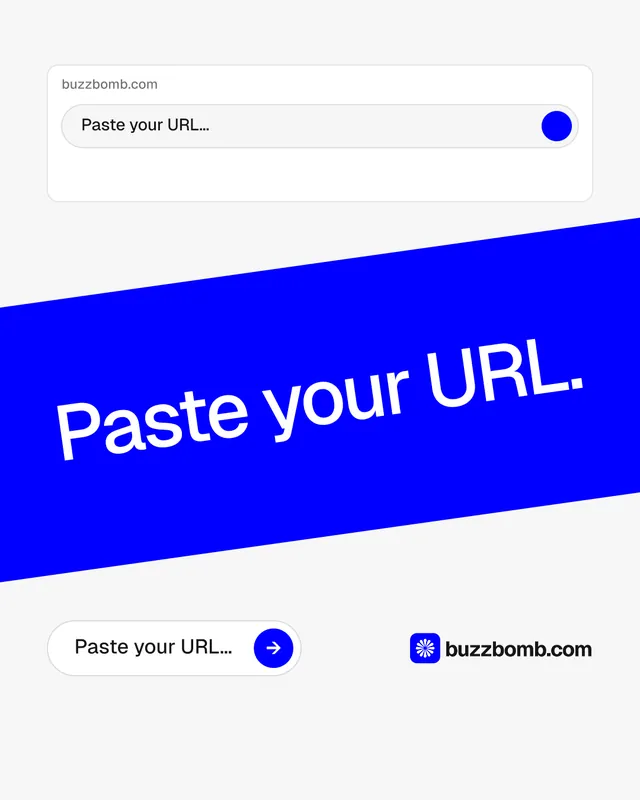 Instagram portrait post for BuzzBomb: "Paste your URL." Agentic glass style, diagonal layout, light palette in white, blue.