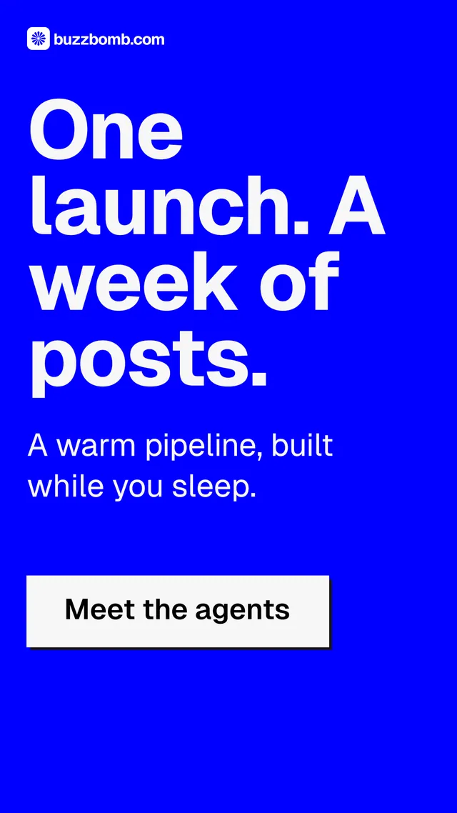 Instagram story for BuzzBomb: "One launch. A week of posts." Brutalist style, skeleton layout, dark palette in blue, white.