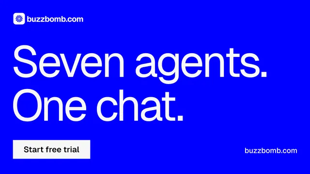 Landscape graphic for BuzzBomb: "Seven agents. One chat." Split block style, poster layout, dark palette in blue.