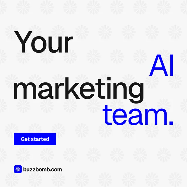 Instagram post for BuzzBomb: "Your AI marketing team." Swiss style, stacked layout, light palette in white, blue.