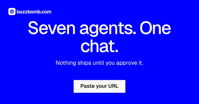 Social ad for BuzzBomb: "Seven agents. One chat." Split block style, centred layout, dark palette in blue.
