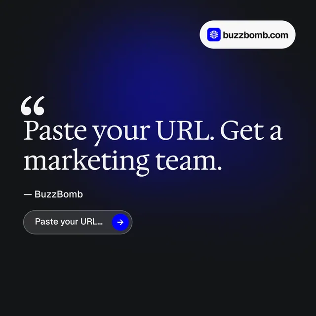 Instagram post for BuzzBomb: "Get a marketing team." Agentic glass style, quote layout, dark palette in black, blue, grey.