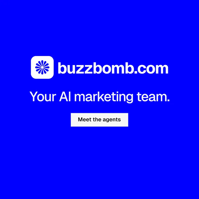 Instagram post for BuzzBomb: "Your AI marketing team." Swiss style, logo hero layout, dark palette in blue.