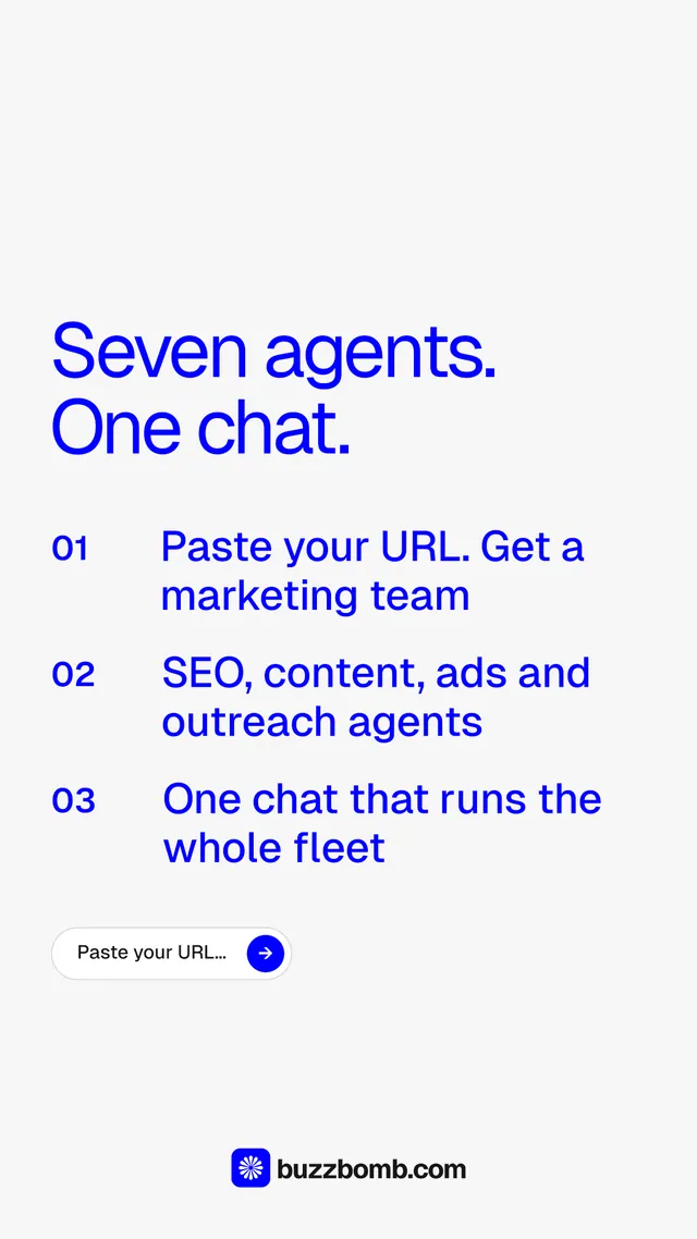 Instagram story for BuzzBomb: "Seven agents. One chat." Agentic glass style, numbered layout, light palette in white, blue.