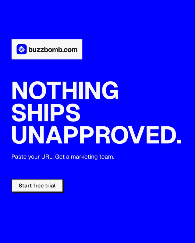 Instagram portrait post for BuzzBomb: "Nothing ships unapproved." Brutalist style, announce layout, dark palette in blue.