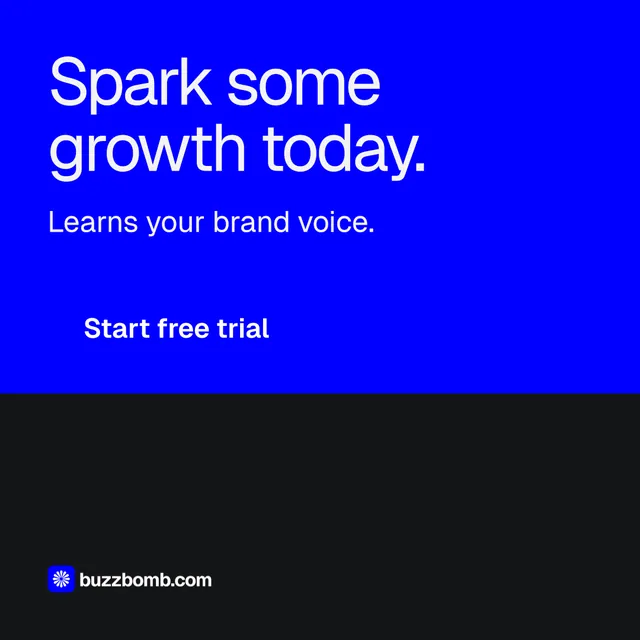 Instagram post for BuzzBomb: "Spark some growth today." Split block style, skeleton layout, dark palette in blue.