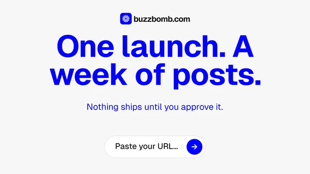 Landscape graphic for BuzzBomb: "One launch. A week of posts." Agentic glass style, centred layout, light palette in white, blue.