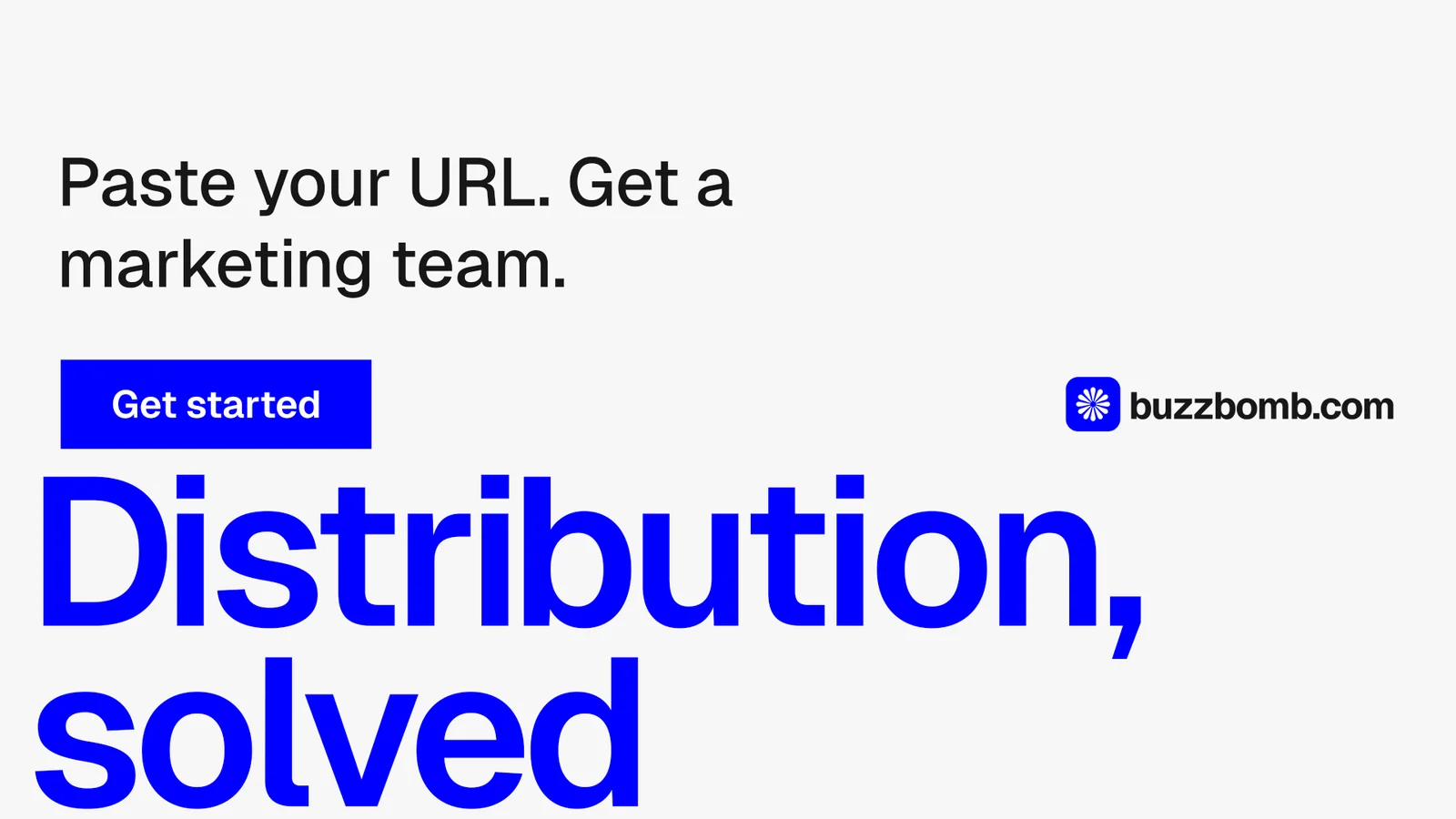 Landscape graphic for BuzzBomb: "One launch. A week of posts." Swiss style, oversized layout, light palette in white, blue.