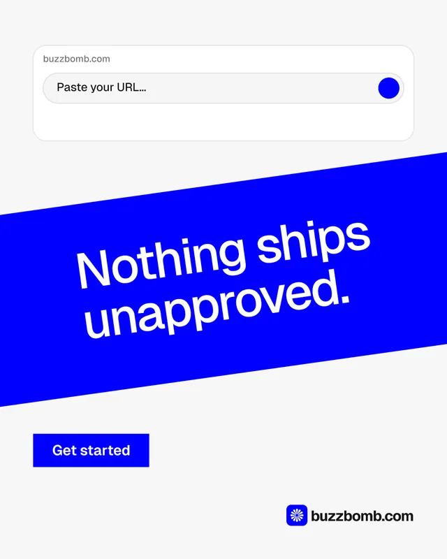 Instagram portrait post for BuzzBomb: "Nothing ships unapproved." Swiss style, diagonal layout, light palette in white, blue.