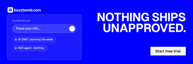 X header for BuzzBomb: "Nothing ships unapproved." Split block style, right layout, dark palette in blue.