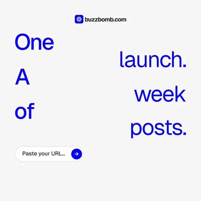 Instagram post for BuzzBomb: "One launch. A week of posts." Agentic glass style, stacked layout, light palette in white, blue.