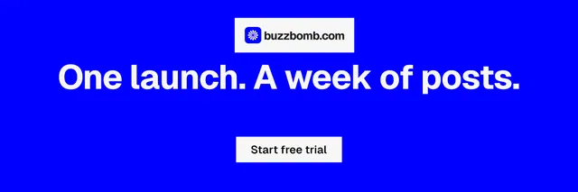 X header for BuzzBomb: "One launch. A week of posts." Split block style, centred layout, dark palette in blue.