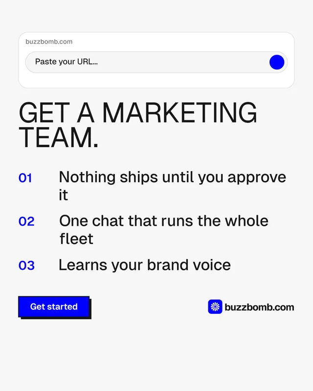 Instagram portrait post for BuzzBomb: "Get a marketing team." Brutalist style, numbered layout, light palette in white.