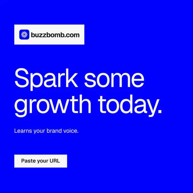 Instagram post for BuzzBomb: "Spark some growth today." Swiss style, announce layout, dark palette in blue.