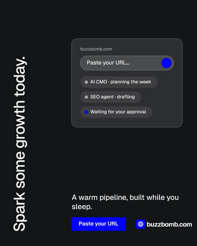 Instagram portrait post for BuzzBomb: "Spark some growth today." Swiss style, vertical layout, dark palette in black.