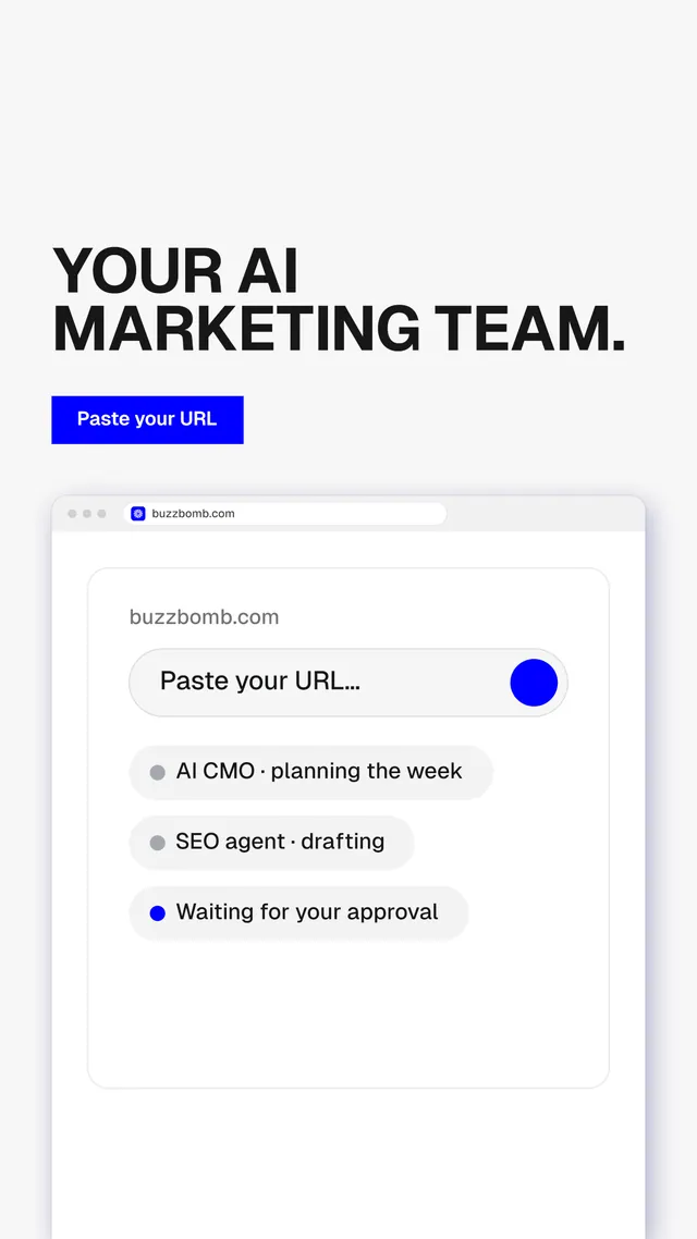 Instagram story for BuzzBomb: "Your AI marketing team." Swiss style, browser layout, light palette in white.