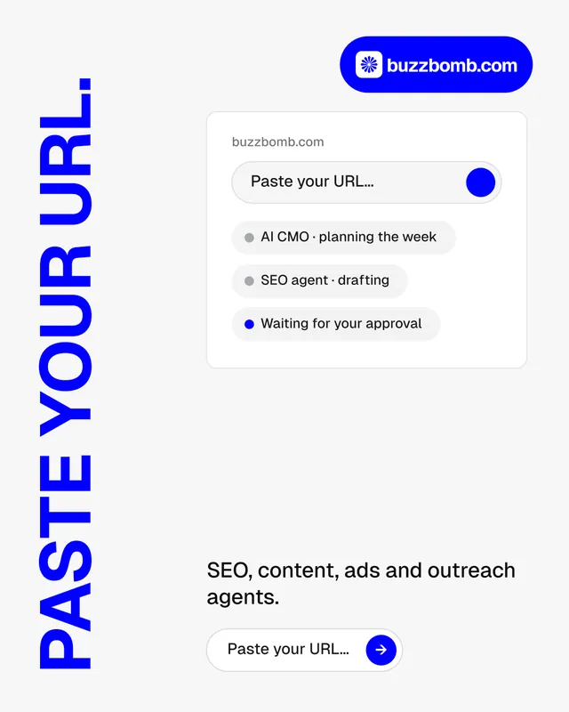 Instagram portrait post for BuzzBomb: "Paste your URL." Agentic glass style, vertical layout, light palette in white, blue.