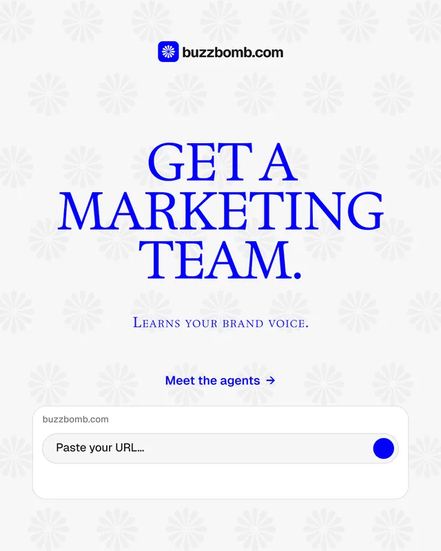 Instagram portrait post for BuzzBomb: "Get a marketing team." Swiss style, smallcaps layout, light palette in white, blue.