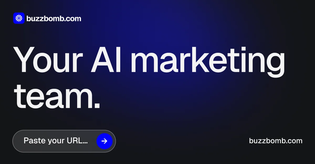 Social ad for BuzzBomb: "Your AI marketing team." Agentic glass style, poster layout, dark palette in black, blue, grey.