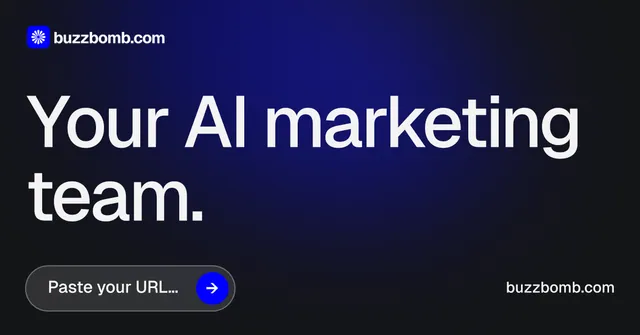 Social ad for BuzzBomb: "Your AI marketing team." Agentic glass style, poster layout, dark palette in black, blue, grey.