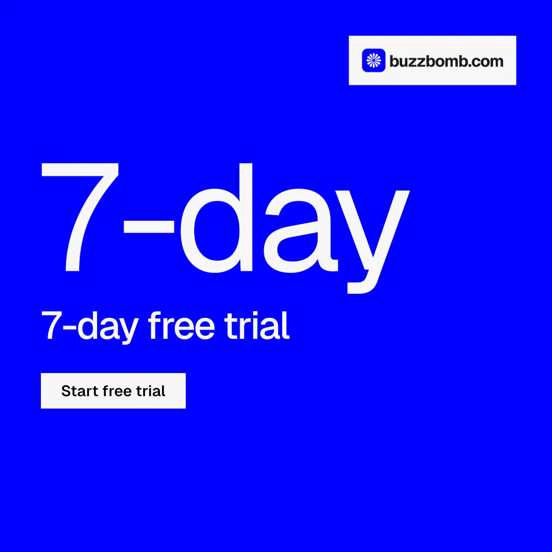 Instagram post for BuzzBomb: "Spark some growth today." Swiss style, stat layout, dark palette in blue.