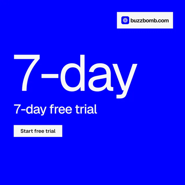 Instagram post for BuzzBomb: "Spark some growth today." Swiss style, stat layout, dark palette in blue.