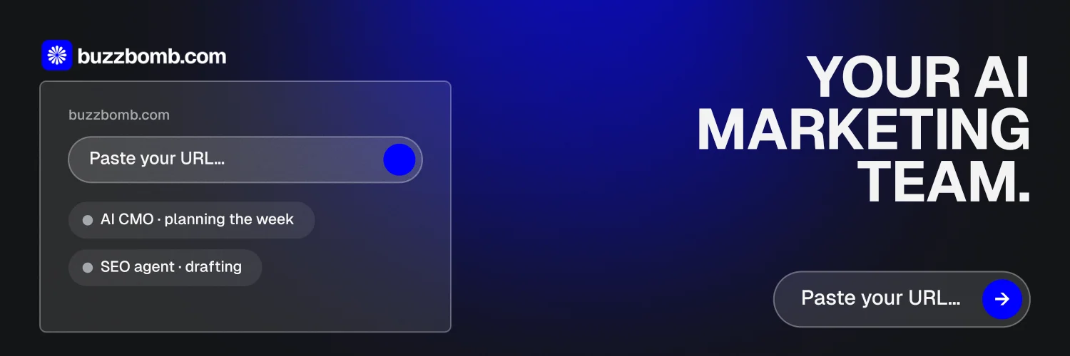 X header for BuzzBomb: "Your AI marketing team." Agentic glass style, right layout, dark palette in blue, black, grey.