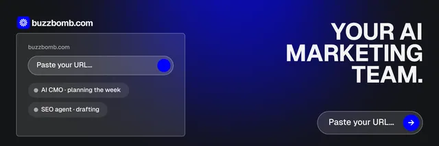 X header for BuzzBomb: "Your AI marketing team." Agentic glass style, right layout, dark palette in blue, black, grey.