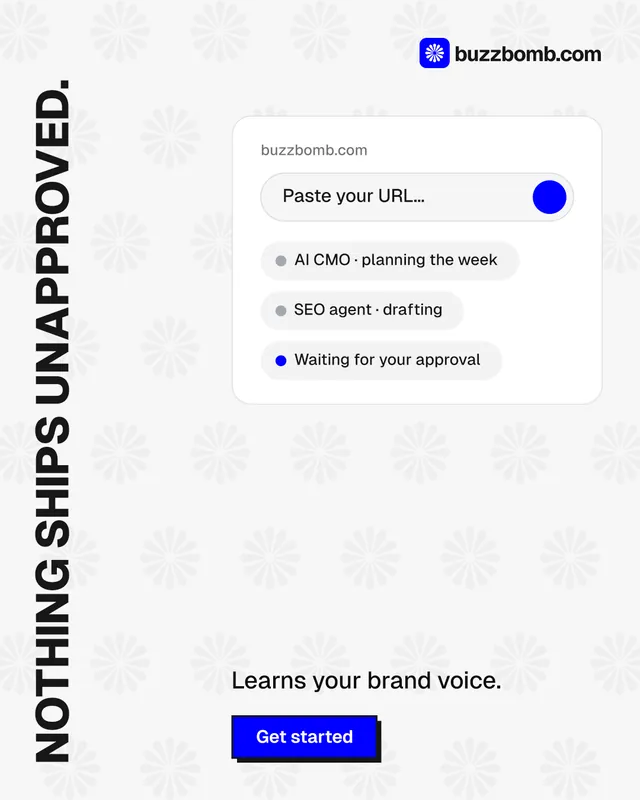 Instagram portrait post for BuzzBomb: "Nothing ships unapproved." Brutalist style, vertical layout, light palette in white, grey.