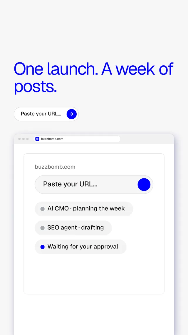 Instagram story for BuzzBomb: "One launch. A week of posts." Agentic glass style, browser layout, light palette in white, blue.