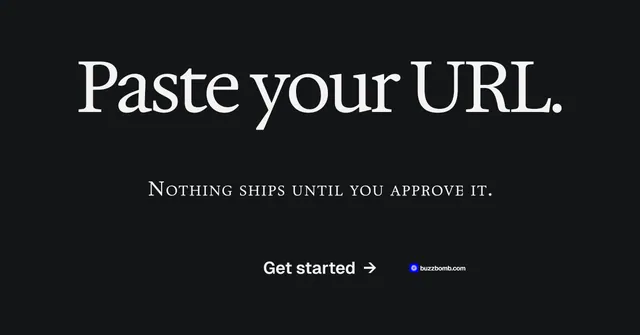 Social ad for BuzzBomb: "Paste your URL." Split block style, smallcaps layout, dark palette in black, grey.