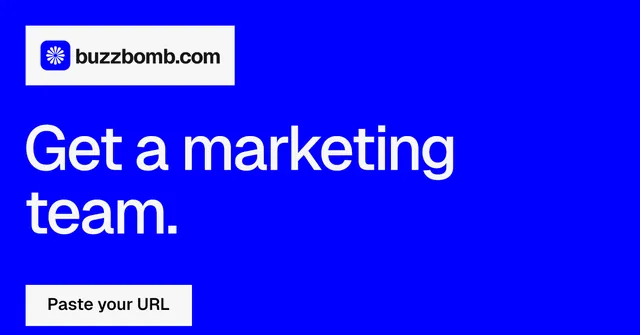 Social ad for BuzzBomb: "Get a marketing team." Split block style, announce layout, dark palette in blue, white.