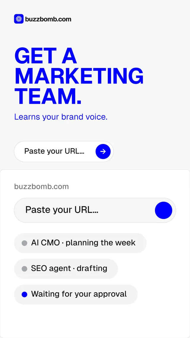 Instagram story for BuzzBomb: "Get a marketing team." Agentic glass style, skeleton layout, light palette in white, blue.