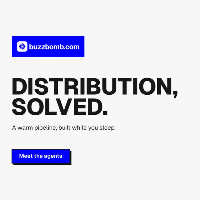 Instagram post for BuzzBomb: "Distribution, solved." Brutalist style, announce layout, light palette in white, blue.