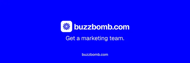 X header for BuzzBomb: "Get a marketing team." Swiss style, end card layout, dark palette in blue.