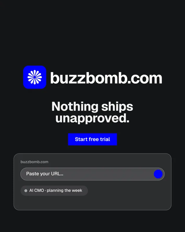 Instagram portrait post for BuzzBomb: "Nothing ships unapproved." Split block style, logo hero layout, dark palette in black, grey.