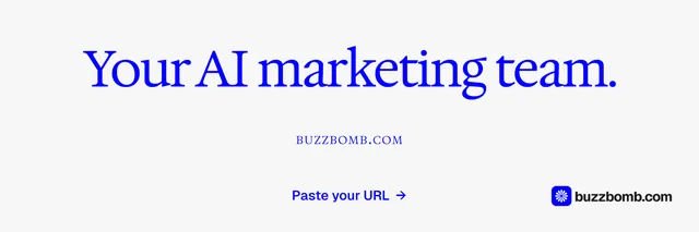 X header for BuzzBomb: "Your AI marketing team." Agentic glass style, smallcaps layout, light palette in white.