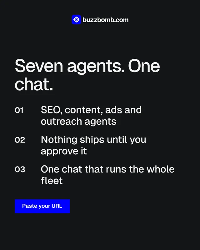 Instagram portrait post for BuzzBomb: "Seven agents. One chat." Split block style, numbered layout, dark palette in black, grey.