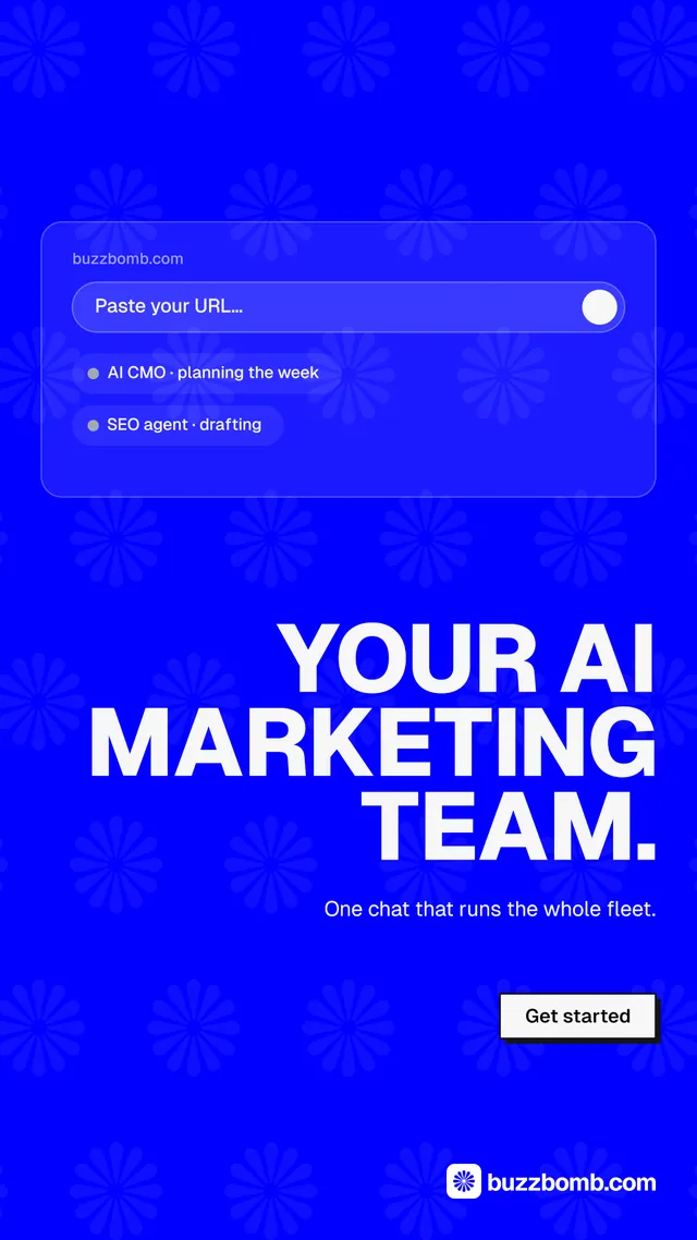 Instagram story for BuzzBomb: "Your AI marketing team." Brutalist style, right layout, dark palette in blue.