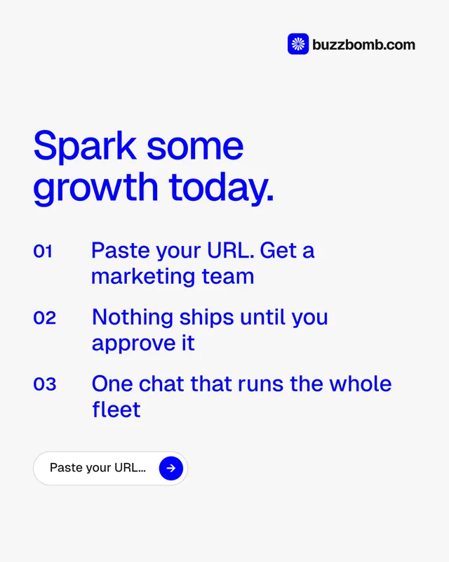 Instagram portrait post for BuzzBomb: "Spark some growth today." Agentic glass style, numbered layout, light palette in white, blue.