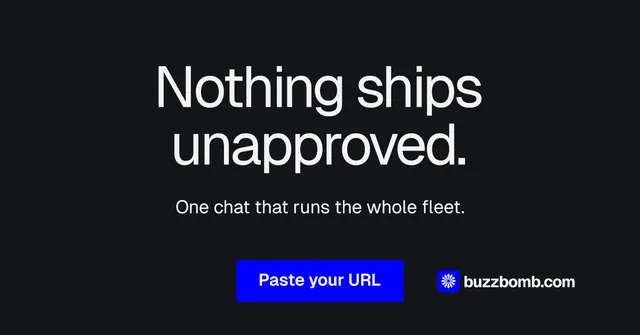 Social ad for BuzzBomb: "Nothing ships unapproved." Swiss style, centred layout, dark palette in black, grey.