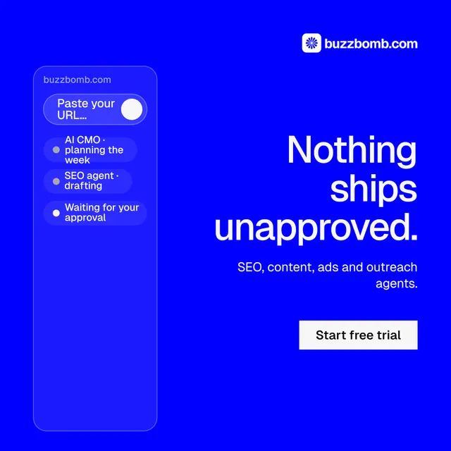 Instagram post for BuzzBomb: "Nothing ships unapproved." Split block style, right layout, dark palette in blue.